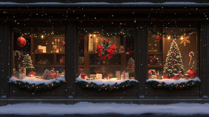 Classic Christmas Window Display with Snowflakes and Lights