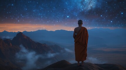 Fototapeta premium A thoughtful and contemplative monk observing the starfilled sky above him at night