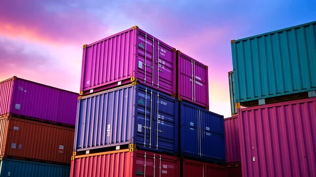 Vibrant sunrise illuminates a diverse array of shipping containers, each with distinct textures and logos.