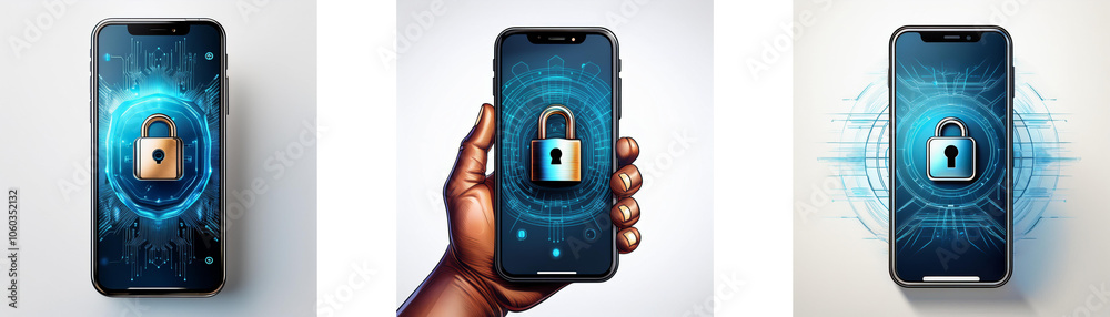 Aufkleber three smartphones display a padlock icon in a circle on their screens. the center phone is being hel