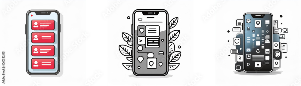 Fototapete Three smartphone illustrations, one with a list of red buttons, one with multiple app icons on the screen, and one with app icons surrounding the phone.