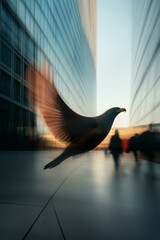 A graceful bird glides effortlessly through a modern urban cityscape at dusk.