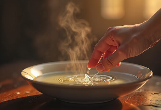 Hand dipping into bowl of holy water