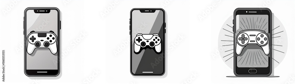 Poster three smartphones with a gamepad icon on the screen.