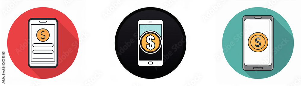 Poster Three colorful circle icons each with a white smartphone inside with a dollar sign coin on the screen.
