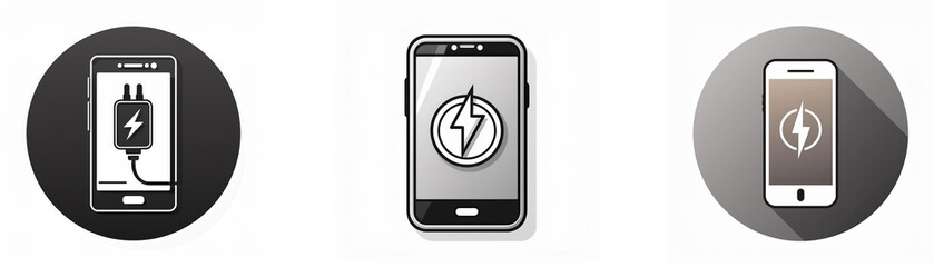 Three different illustrations of a smartphone charging.