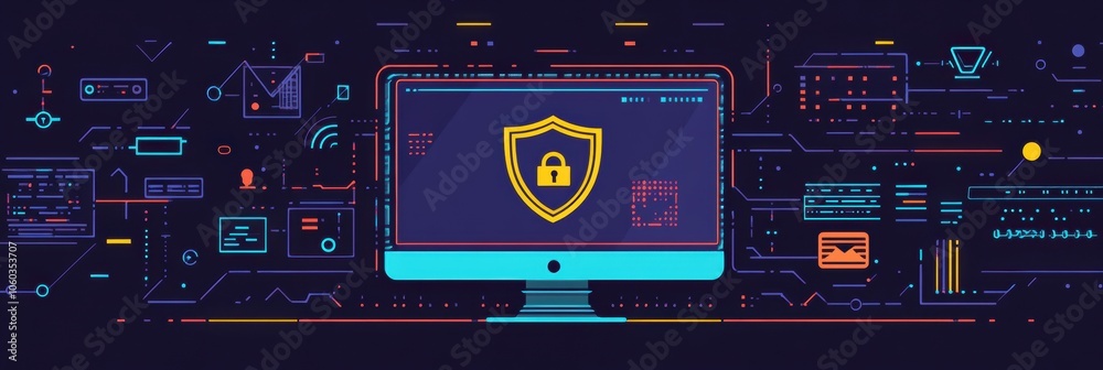 Aufkleber a computer screen showcases a shield and lock symbol, highlighting internet security measures and th