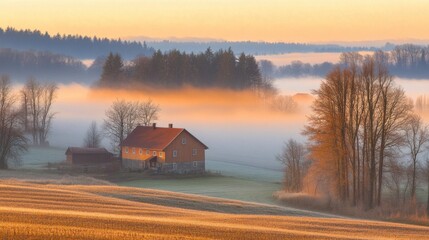 Fototapeta premium Serene Autumn Landscape with Farmhouse and Misty Meadows