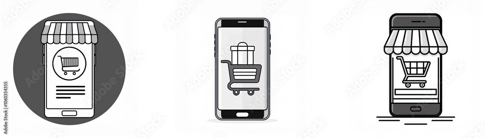 Fototapete three different versions of a smartphone screen showing an app for shopping.
