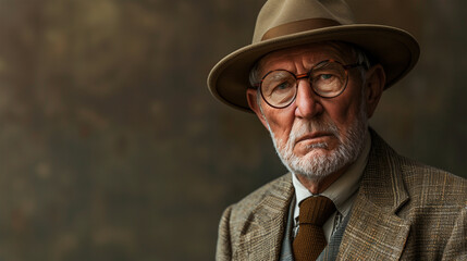 Elderly gentleman in a classic suit and hat against a vintage-style background, evoking timeless elegance and sophistication