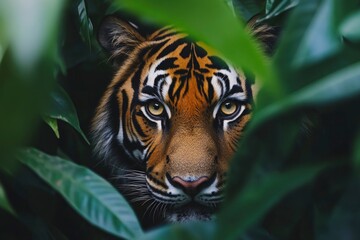 Fototapeta premium Exotic animals in natural habitats, like a tiger in a dense jungle with vibrant colors with copy space. Wild background