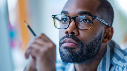 An African American student enhances his drawing skills by attending an art workshop. A close-up captures the young man practicing pencil shading techniques, deeply focused 