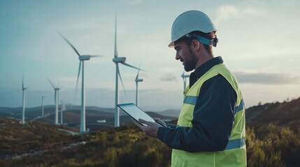 An engineer in a safety uniform using a tablet to discuss renewable energy plans at a wind turbine power station,