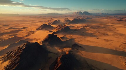 Naklejka premium Aerial View of Desert Landscape with Mountains at Sunset