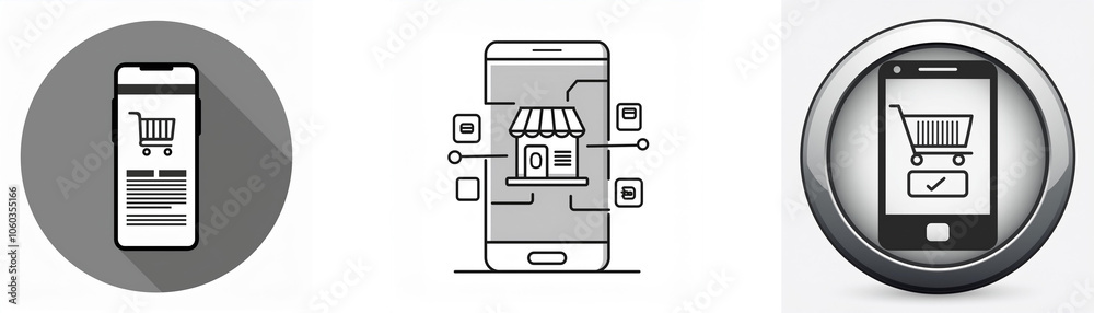 Poster three different depictions of a smartphone with a shopping cart icon.