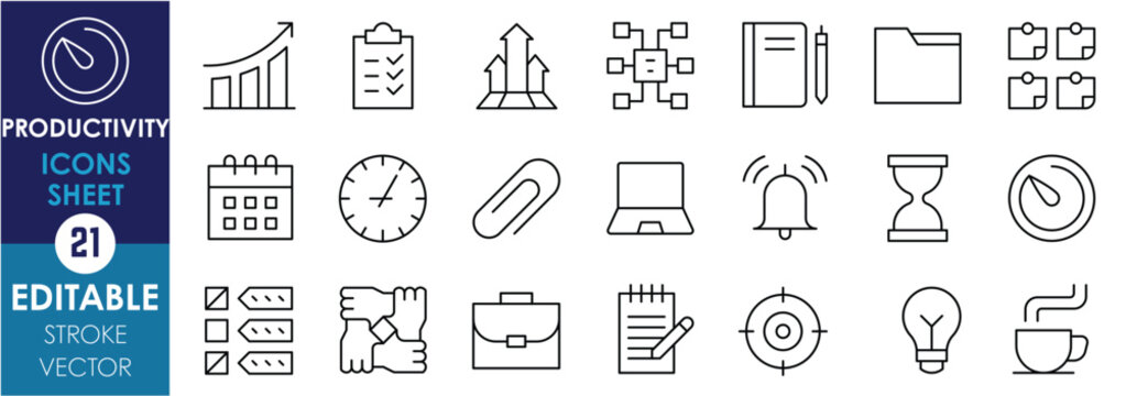 A set of line icons related to Productivity. Graph, arrow, mind map, notes, calendar, stopwatch, lightbulb, coffee, target, clock, and so on. Vector editable stroke.