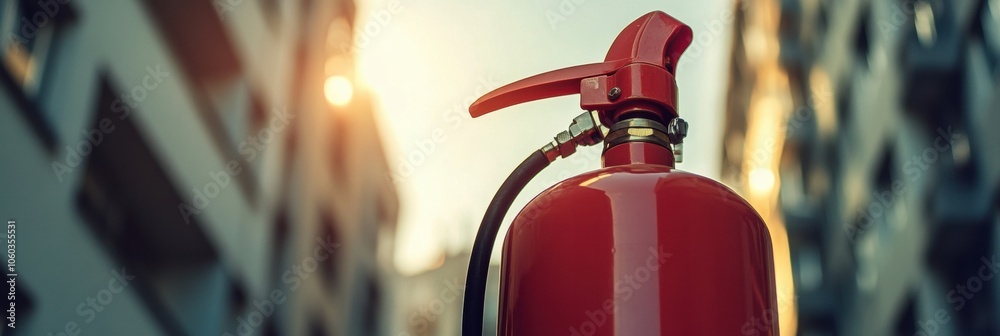 Poster a vibrant fire extinguisher is foregrounded against a softly blurred building, illuminated by the wa