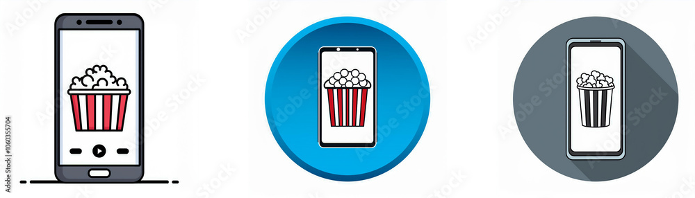 Poster A smartphone screen shows a bucket of popcorn, with two circular buttons showing the same image with shadows and different background colors.