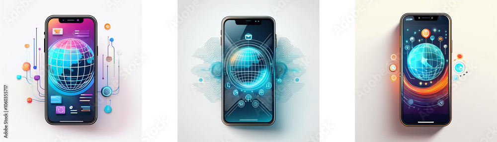 Poster three smartphones with glowing blue spheres on their screens, each with a different design and backg