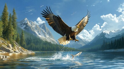 An eagle in flight catching fish from a lake