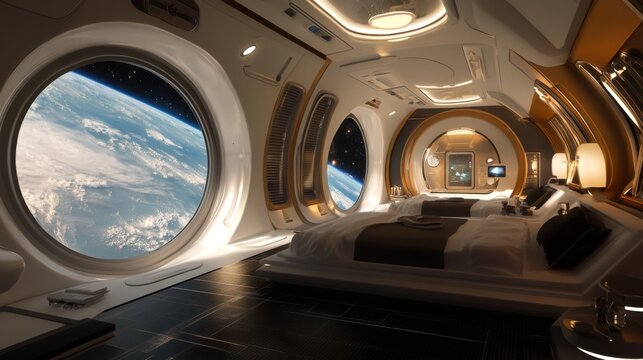 A luxury space hotel in orbit, tourists floating in zero gravity while admiring the Earth below, with futuristic interiors and large windows showcasing the cosmos