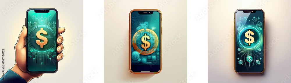 Poster Three smartphones with digital interfaces displaying a golden dollar sign in a glowing circle.