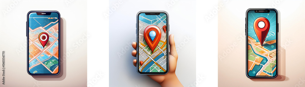 Leinwandbilder three smartphones displaying a map with a red pin dropped on a location.