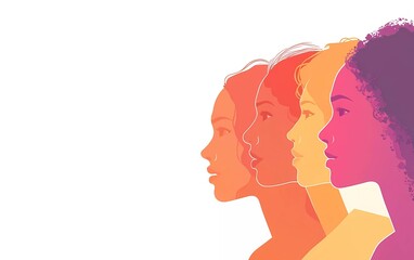 A group of women from different ethnicities in profile, in a clip art style with a white background and space for text on the right side. 