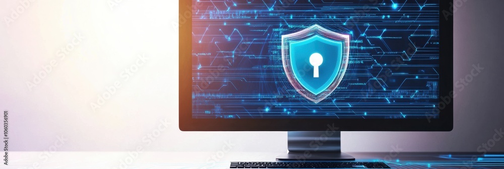Aufkleber a digital protection icon is prominently displayed on a computer screen, reflecting a focus on cyber