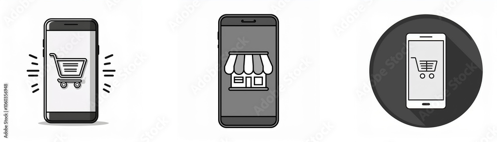 Poster Three gray-scale icons depict a smartphone with a shopping cart inside the screen.