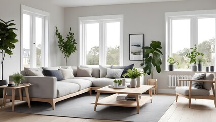 Fototapeta premium Scandinavian Inspired Living Room with Cozy Neutrals, Soft Lighting, and Lush Greenery for a Calming Atmosphere (27)