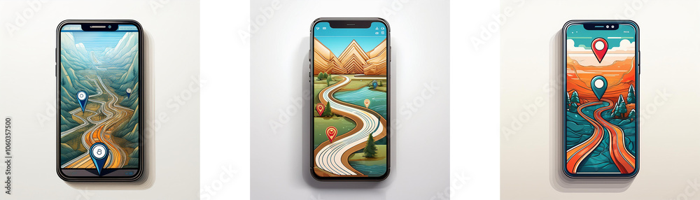 Poster three smartphones displaying images of a winding road through a landscape with mountains in the back