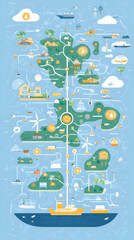 Obraz premium A stylized illustration of a connected island community with houses, wind turbines, and boats.