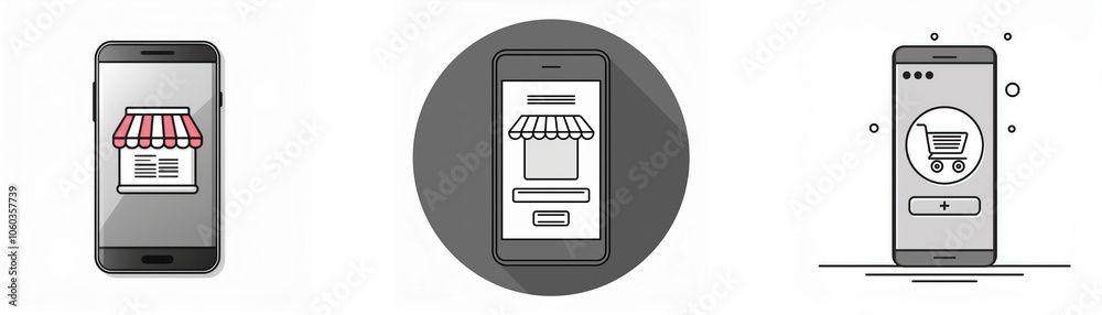 Poster Three different gray smartphone screen displays showing a storefront icon, a store website, and a shopping cart icon.