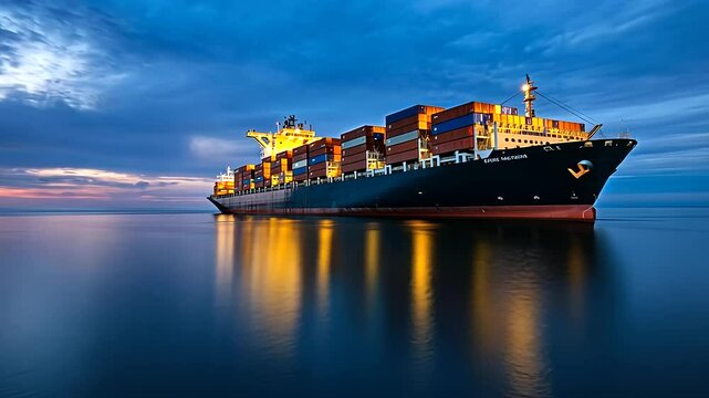 A cargo ship aglow with deck lights, highlighting its stacked containers against a twilight sky.