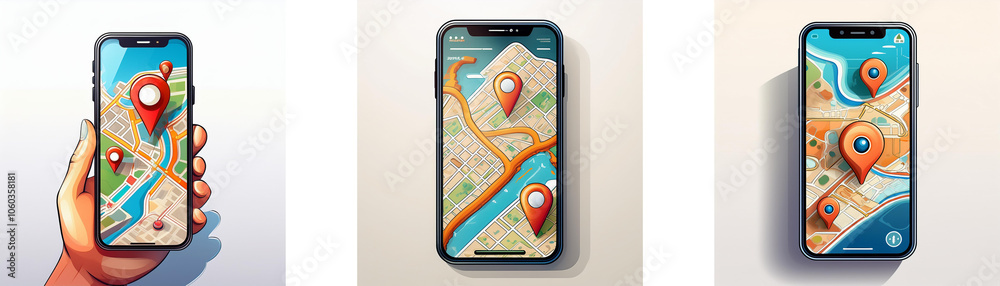 Leinwandbilder three smartphones display a map application with multiple location pins.
