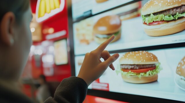 A customer is interacting with a digital menu at a fast food restaurant, making selections
