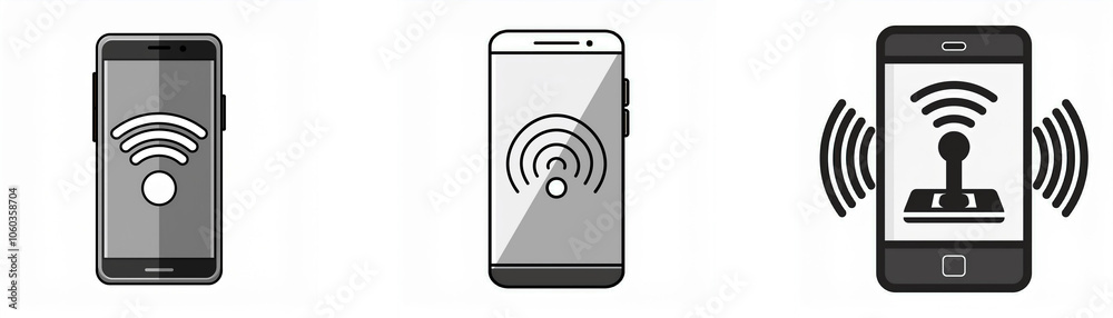 Fototapete three smartphones with wifi symbol on screen, one is also showing a joystick icon.