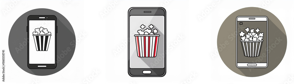 Poster Three smartphones with a shadow on the screen, each with an image of a popcorn container on the screen.