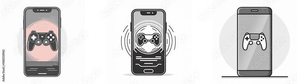 Poster three mobile phones with a gamepad icon on the screen.