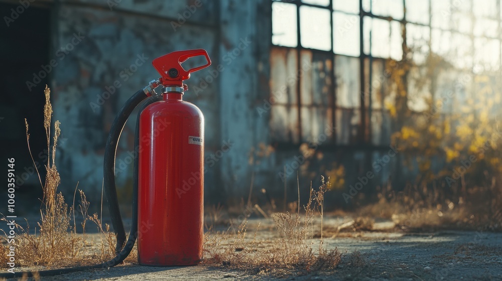 Poster a bright fire extinguisher stands out in the foreground, with an urban building softly blurred behin