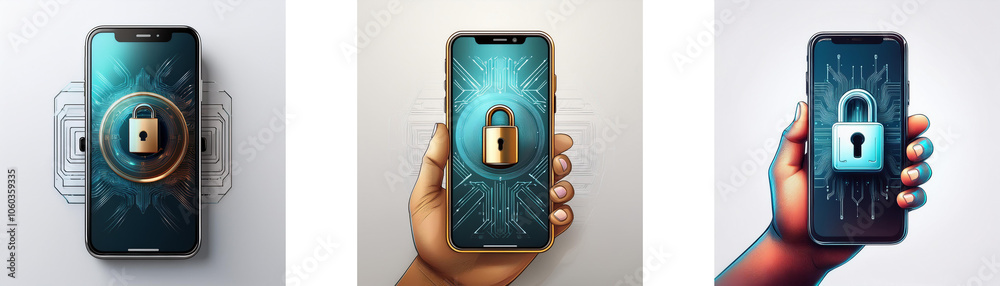 Aufkleber three smartphones with different background images, all showing a closed padlock icon, are shown in 