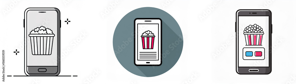 Aufkleber three images of a smartphone, two in black and white, one in color, with an image of popcorn on the 