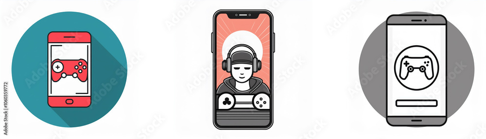 Aufkleber three app icons on a white background. each icon features a smartphone with a game-related graphic.