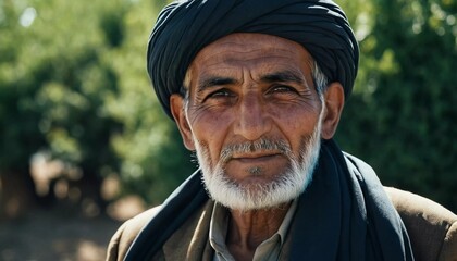 An elderly man from Afghanistan showcases his weathered face, reflecting years of wisdom and resilience against a modest backdrop of nature, embodying the rich culture of his homeland. Generative AI