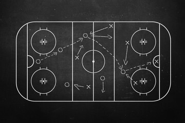 Image of hand drawn hockey tactic plan on blackboard. Way to glory and hockey championship.