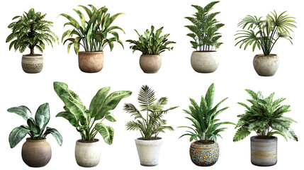 Fototapeta premium Various indoor plants in decorative pots, white isolated background