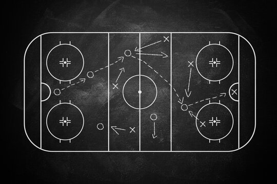 Image of hand drawn hockey tactic plan on blackboard. Way to glory and hockey championship.