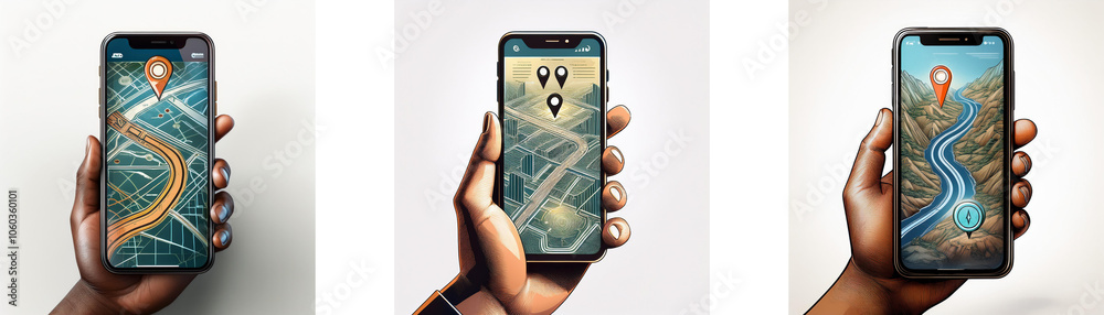 Leinwandbilder three hands are holding smartphones displaying a map app with a highlighted route.