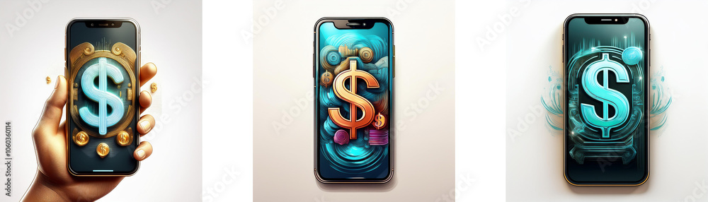 Poster three smartphones with a dollar sign displayed on the screen.